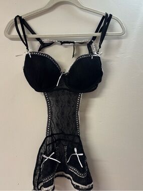 Black Lace Chemise with White Ribbon Accents